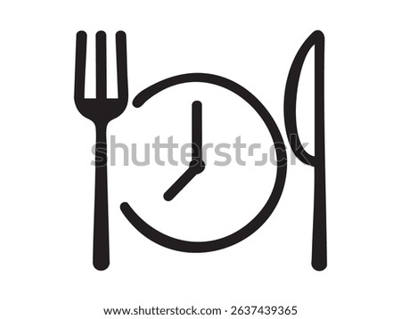 Black outline of clock with fork and knife as cutlery on white background, graphic illustration. concept of dining, mealtime, food schedule, icon, logo, design element.