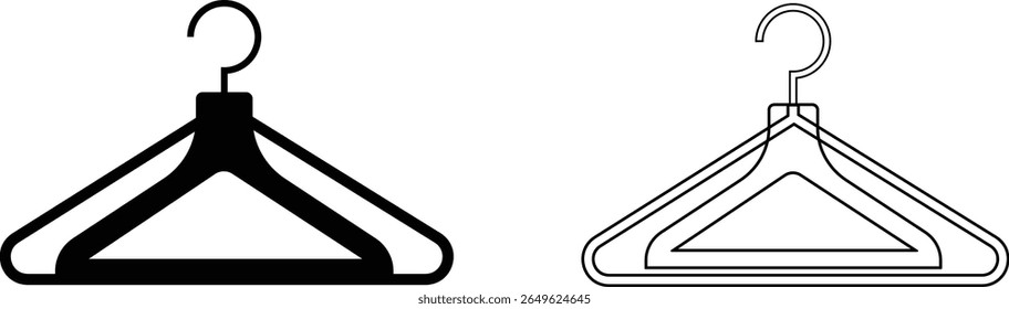 Black and Outline Clothes Hanger Icons, Vector Illustration of Fashion Wardrobe Symbols for Closet Organization, Laundry, Apparel Display, and Retail Branding Design.