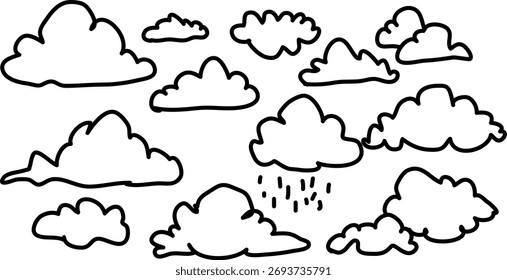 Black outline clouds and rain drops on white background