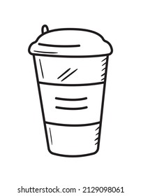 Black outline coffee cup icon. Doodle silhouette of takeaway drink. Hand drawn fast food beverage. Vector illustration