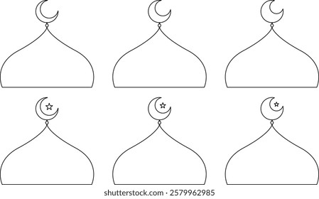 Black Outline Collection of Mosque Domes with Crescent Moons and Small Stars