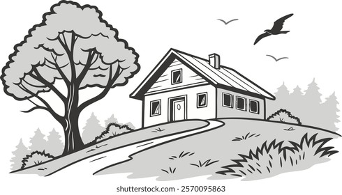 Black Outline Coloring Book Rural House Design Vector Illustration