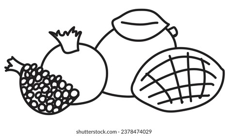 black outline for coloring. composition of pomegranate and mango close-up. simple children's coloring book for toddlers. linear icons.
