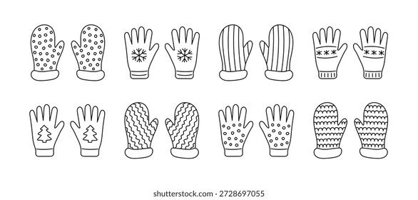 Black outline coloring set winter gloves and mittens with various patterns. Doodle style cozy glove collection for cold weather protection or Winter holiday design. Vector illustration