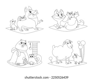 Black outline of comic animal families vector illustrations set. Collection of doodles of dog, cat, fox and sheep characters with babies on white background. Wildlife, family, care concept