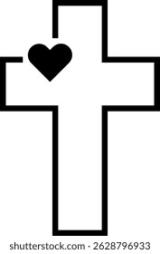Black outline of a cross with a solid black heart in the upper left corner.