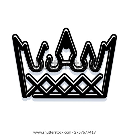 Black outline crown icon with a subtle shadow featuring a simple geometric design, representing concepts of monarchy, success, authority, and achievement on a pure white background
