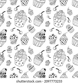 Black outline cupcake seamless pattern in doodle style. Vector stock illustration. Hand drawing food line art image.