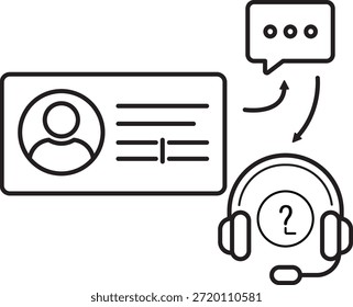 Black outline customer support icon showing user profile chat message arrows and headset with question symbol for helpdesk communication service and assistance concepts
