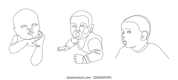 Black outline cute baby isolated on a white background. Minimalist modern one line art. Linear kids portraits. Black and white vector set for poster, greeting card, cover, signage or print for t-shirt