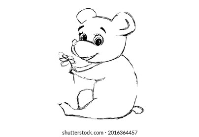 black outline of a cute bear holding a flower in his hands, isolated on a white background. Bear Sketch
