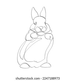 Black outline cute rabbit on white background. Graphic drawing. Vector illustration.