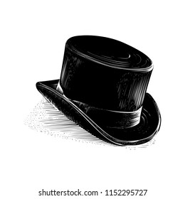 Black outline cylinder hat. Sketch and engraved style. Vector illustration.