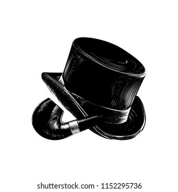 Black outline cylinder hat and tube. Sketch and engraved gentleman's set. Vector illustration.