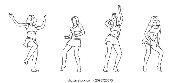 Black outline dancing ladies set. Girls in short skirt dancig in different poses. The figures of women ink hand drawn style vector illustrations.