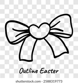 Black outline of a decorative bow with a heart center, isolated on a transparent background. Simple vector-style drawing for design use