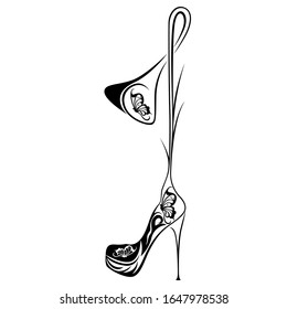 Black outline of decorative table lamp with butterflies in women's high heeled shoe isolated on white background, vector icon logo