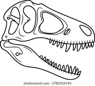 A black outline of a dinosaur skull with sharp teeth and open jaws, isolated a white background. dinosaur, skull, fossil. dinosaur...