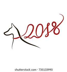 Esquema negro de doberman con plomo rojo (cinta) en forma de 2018, perro como símbolo del año. Dibujo de líneas aislado en fondo blanco. Ilustración vectorial, logotipo, icono