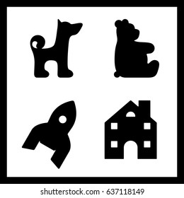 Black outline of dog, rocket, house, bear
