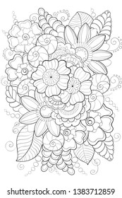 Black outline doodle bouquet coloring page on a transparent background.Vector zen tangle coloring activity for adults.