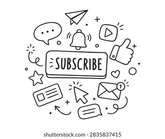 Black outline doodle composition showing subscribe symbol surrounded by notification bell, paperplane, play button, thumbs up, envelope, cursor arrow, speech bubbles, stars, hearts, and decorative