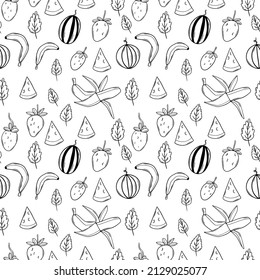 Black outline doodle fruit seamless pattern with pineapple, apple, pear, watermelon, banana, cherry