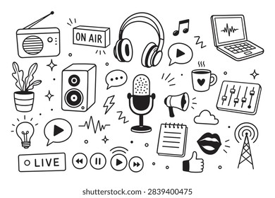 Black outline doodle illustration with assorted podcast and audio icons including microphone, headphones, speaker, mixer, radio onair sign, megaphone, laptop waveform, speech bubbles, and broadcast