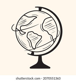 Black outline doodle illustration of world globe. Symbol of education and studying. Classroom equipment. Geography supply. Sketch silhouette of planet Earth