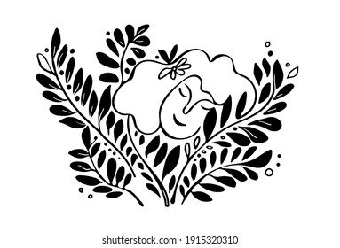 Black outline doodle sketch of woman with branches of plants with leaves isolated on white. Concept of love and friendship between human and nature. Smiling female character in hygge mood. 