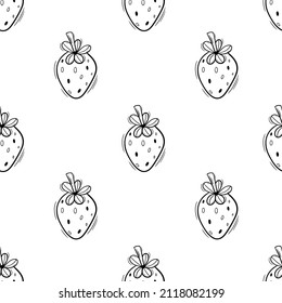 Black outline doodle strawberry seamless pattern on white.
