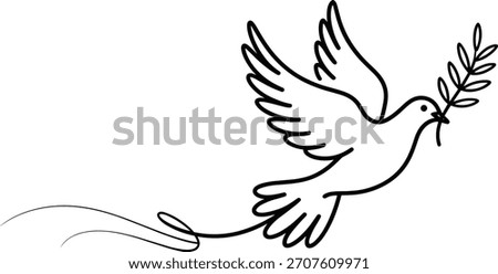 Black outline dove with olive branch flying bird peace