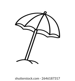 A black outline drawing of a beach umbrella planted in the sand. The illustration is a simple, hand-drawn vector in a doodle style, ideal for summer themes
