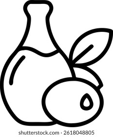 A black outline drawing of a bottle, an olive and a leaf. Ideal for food or healthy lifestyle themes.