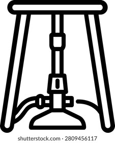 A black outline drawing of a classic scientific Bunsen burner positioned under a metal tripod support stand. Perfect for chemistry class materials or science laboratory diagrams.