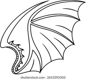 Um desenho em contorno preto de uma asa de dragão. A asa tem uma estrutura segmentada com bordas afiadas e parece ser um apêndice de criatura.