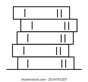 Black outline drawing of five stacked books on a white background. Ideal for education, learning, library icons, school designs, study materials, and reading enthusiasts. Simple, minimalist design sui