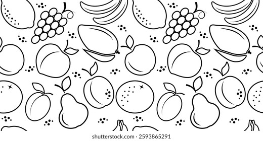 Black outline drawing fruit seamless pattern on white background with
apple, pear, banana, plum, lemon, orange, mango, grape, apricot, peach. Fruit print for backgrounds, textile, kitchen, wallpaper. 