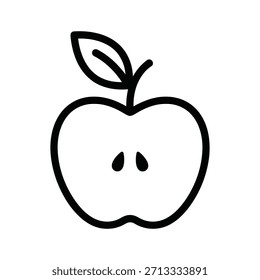 Dibujo de contorno negro de una manzana cortada a medias con un tallo y una hoja, mostrando semillas, aisladas en