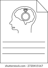Black outline drawing head brain engagement ring paper corner and lines for notes