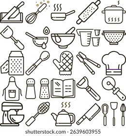 Black outline drawing of kitchen utensils rolling pin, spatula, mixer, whisk, knife block, cookbook, kettle, pot, and other tools perfect for culinary arts.