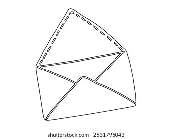 Black Outline Drawing of Open Envelope isolated on white background. Concept of Mail Icon, Postal Service, Communication, Hand-Drawn Illustration. Design Element for Stationery, Invitations, Business