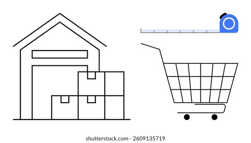 Black outline drawing of a warehouse with boxes, a shopping cart, and a tape measure in minimalist style