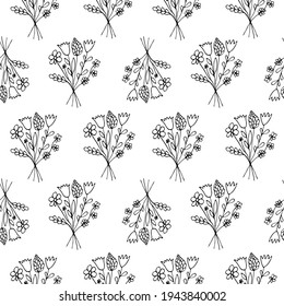 Black outline dried plants seamless pattern in modern mystical style. Hand drawn flowers bouquet. Vector boho illustrations.