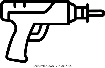 A black outline of a drill with a handle and a drill bit, set against a clean, white background view.