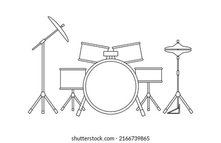 Black outline drum kit isolated on white background. Vector illustration