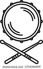Ein schwarzer Umriss einer Trommel mit zwei gekreuzten Drumsticks ruht auf weißem Hintergrund. Die Trommel hat einen kreisförmigen Kopf und sichtbare Zuglaschen um ihren Rand.
