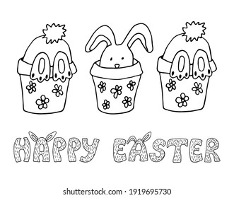 Black outline Easter bunny in pot card with Happy Easter sign. Monochrome vector illustration for cards, mugs, decor, shirt design, invitations.
