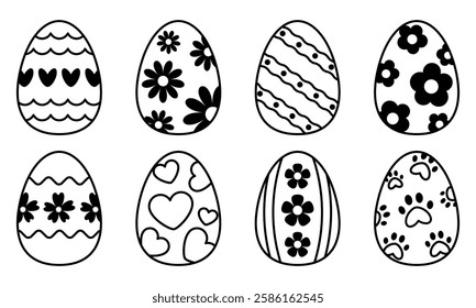 Black outline Easter Eggs with decorative patterns, hearts, flowers, animal feet and wavy lines. Easter egg colouring set. Editable Stroke. Fun Holiday Activity for Kids