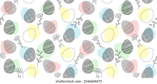 Black outline Easter eggs with different textures, flowers, twigs and inflorescences on a white background with colorful polka dot eggs. Festive endless texture. Vector seamless pattern for giftwrap